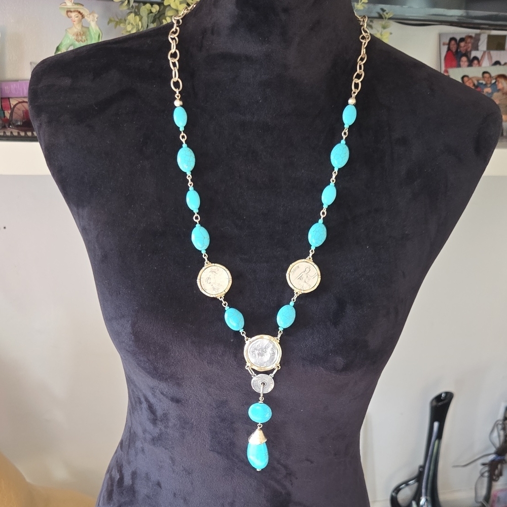 Vintage Chico's Isabella Faux Turquoise & Coin Gold Tone Y Necklace Lariat